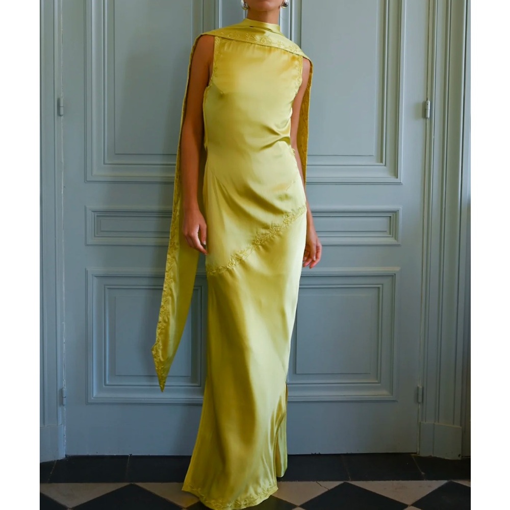 Yellow The Label: Lemon-Green Satin Maxi Dress with Draped Scarf Detail